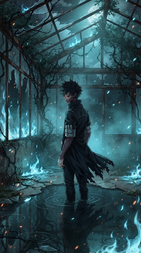 Dabi wallpaper blue flame reflection in dark greenhouse glass