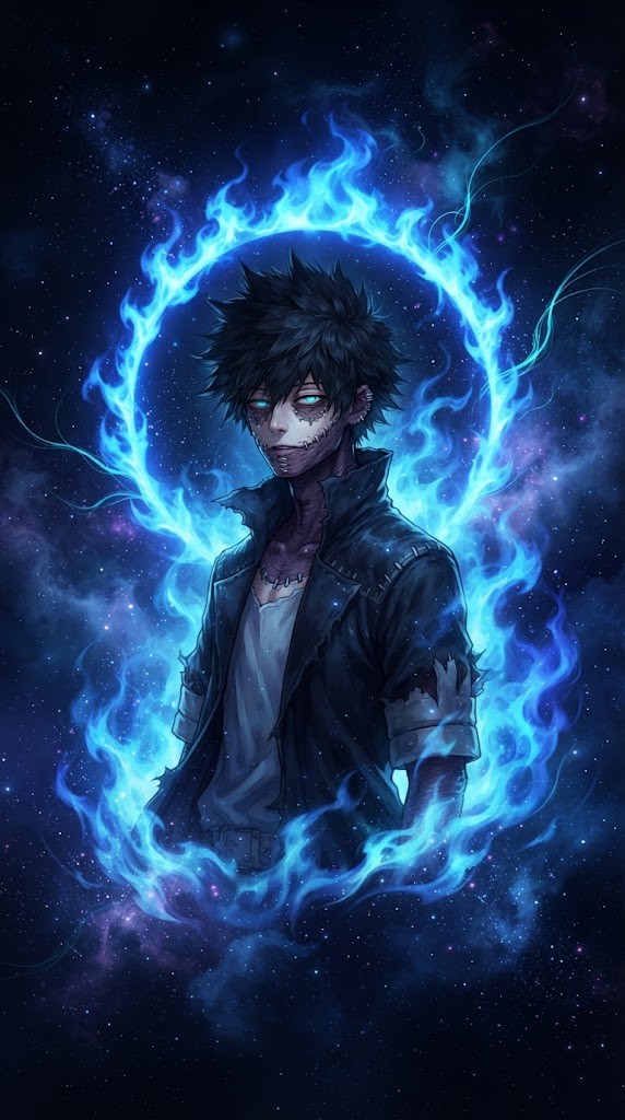 Dabi wallpaper cosmic blue fire and starry nebula anime art