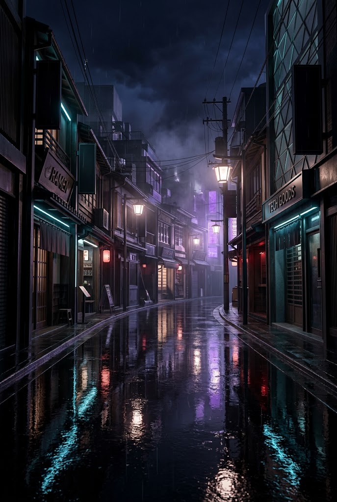 Dark aesthetic rainy Japan street at night cyberpunk phone wallpaper