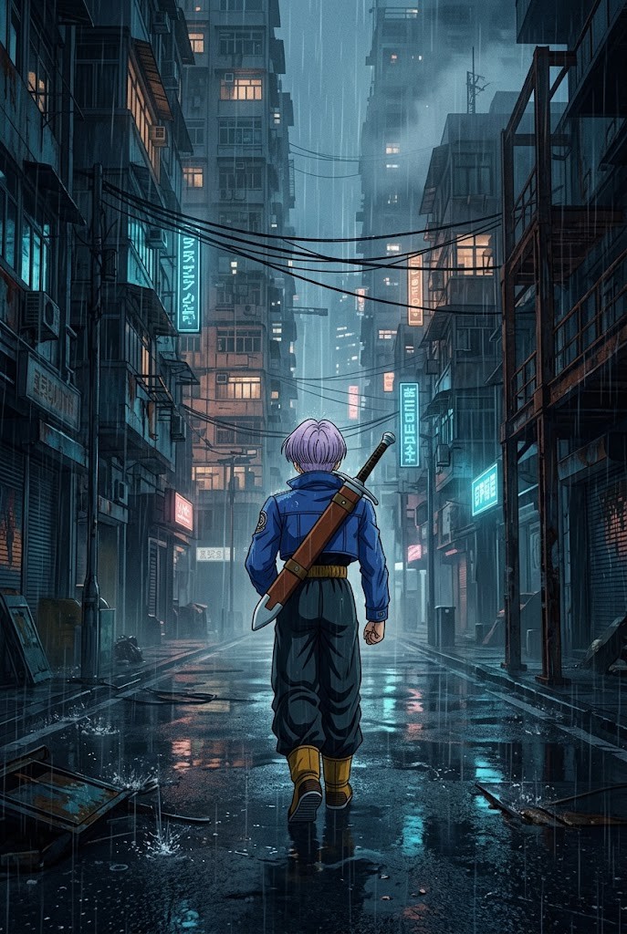 Future Trunks rainy night street Dragon Ball Z neo noir wallpaper aesthetic