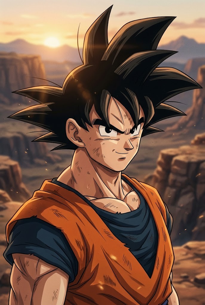 Goku DBZ sunset anime wallpaper aesthetic with warm horizon
