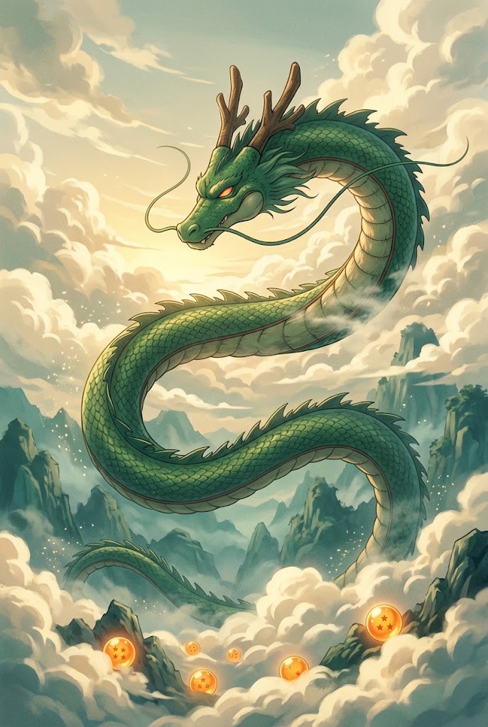 Shenron Dragon Ball Z clouds mountains dreamy art wallpaper aesthetic