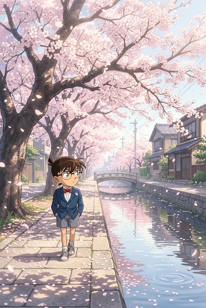 Conan Edogawa cherry blossoms canal springtime Detective Conan anime wallpaper
