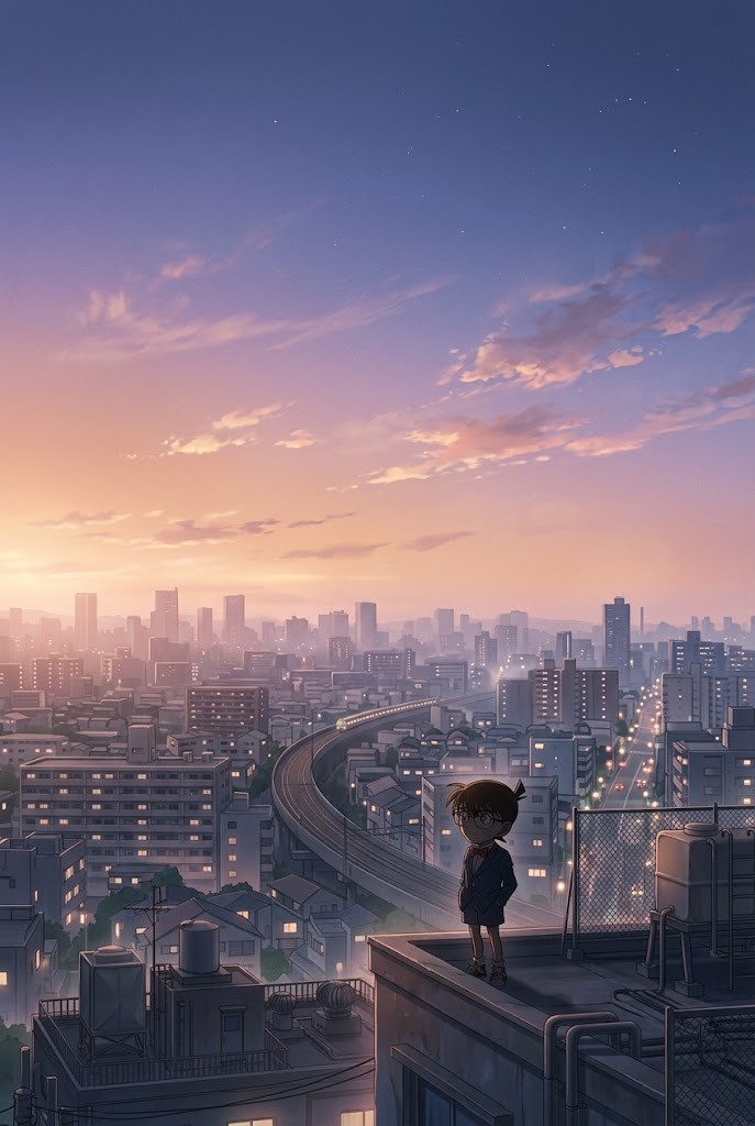 Conan Edogawa rooftop sunset cityscape Detective Conan anime wallpaper