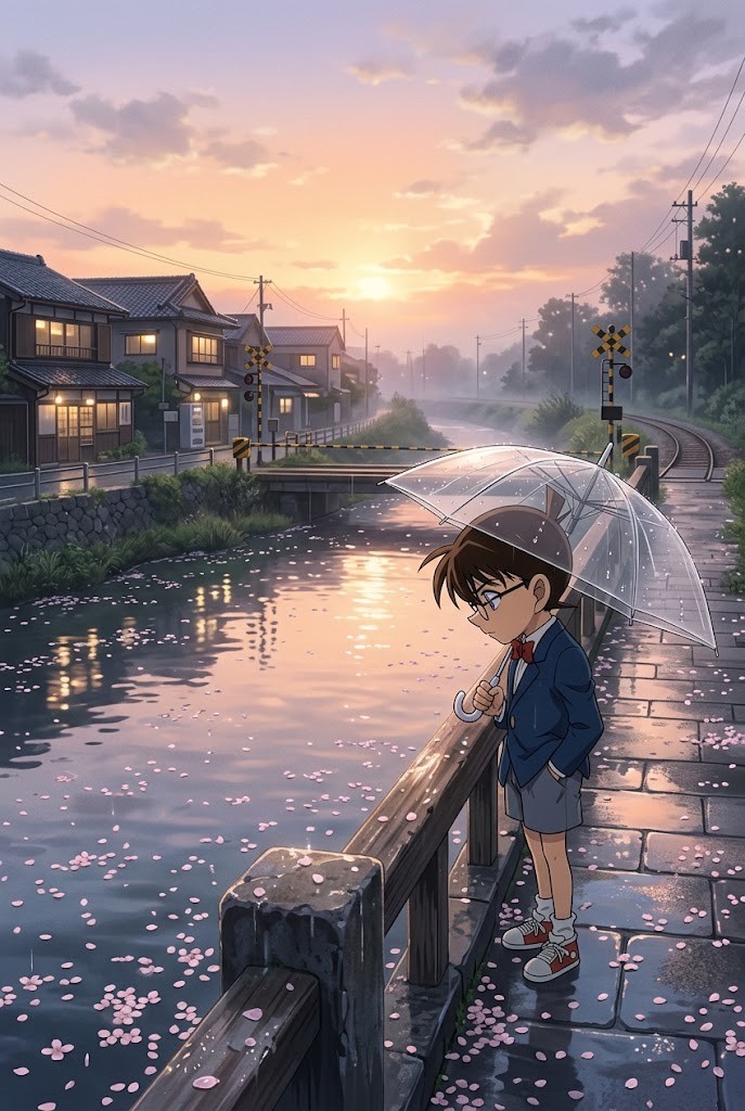 Conan Edogawa umbrella bridge sunset cherry blossom Detective Conan anime wallpaper
