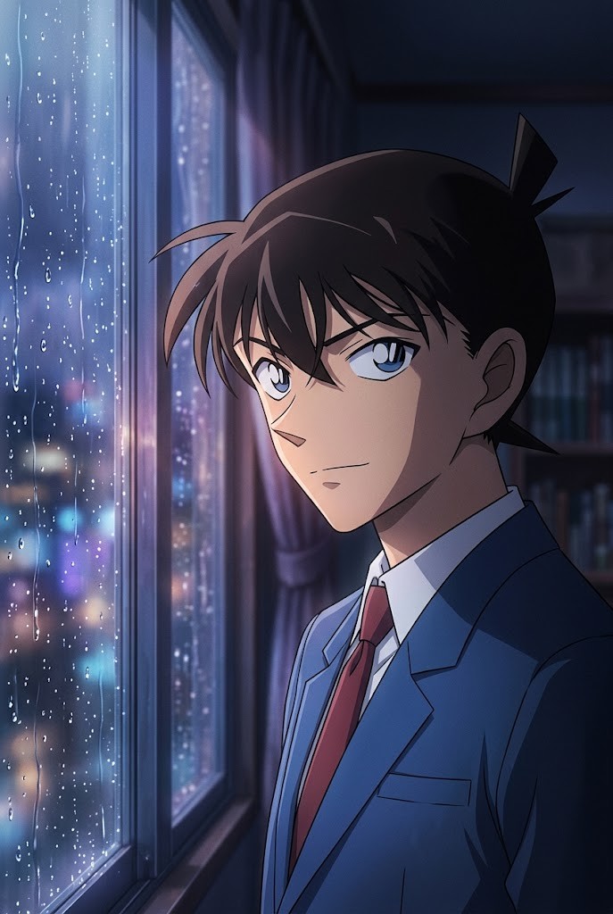 Shinichi Kudo rainy window night Detective Conan anime wallpaper