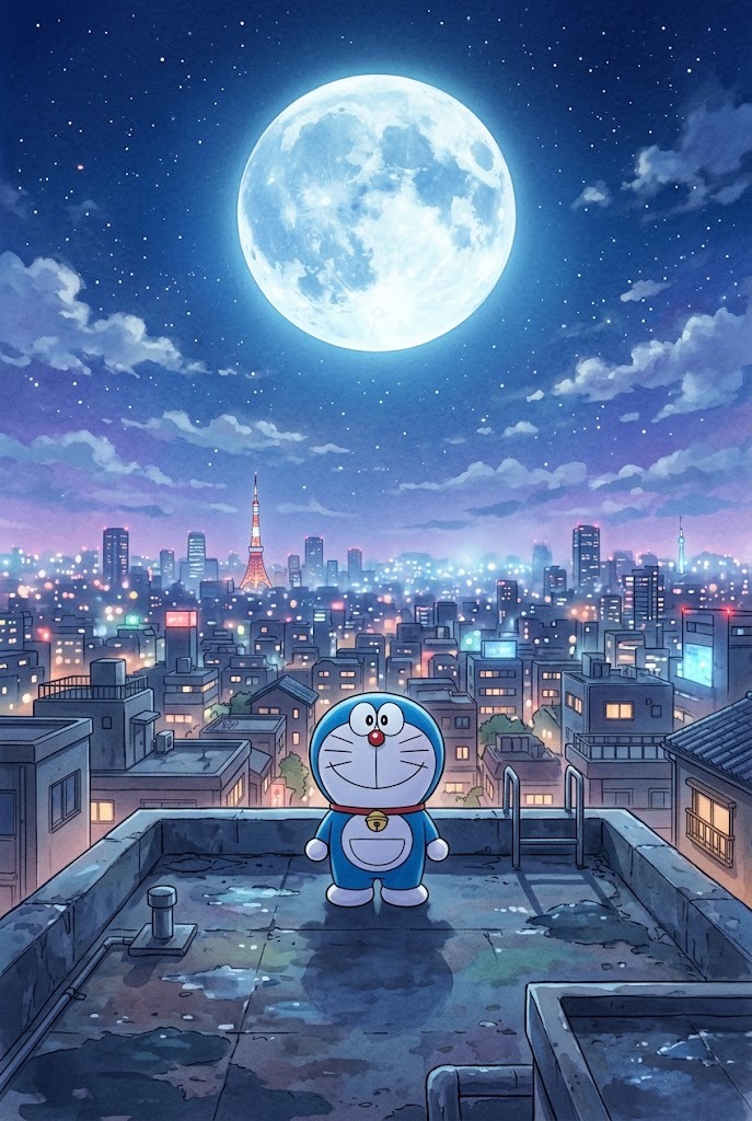 Aesthetic Doraemon looking at Tokyo night moon wallpaper