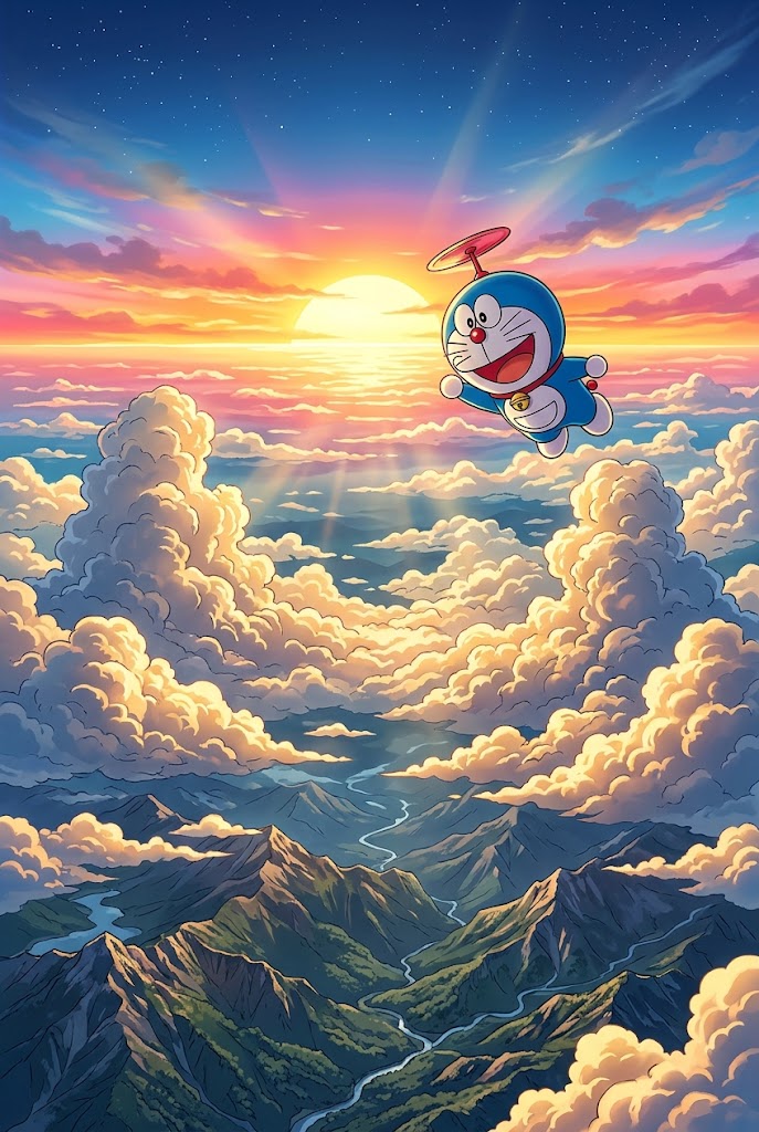 Doraemon floating on clouds during pastel anime sunset wallpaper