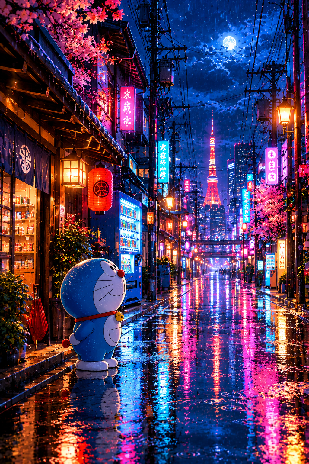 Doraemon walking in neon rainy night street anime wallpaper
