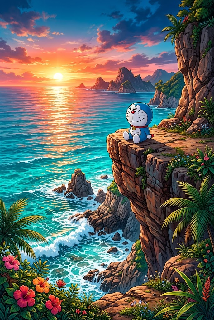 Doraemon sitting on cliff overlooking ocean sunset tropical landscape wallpaper