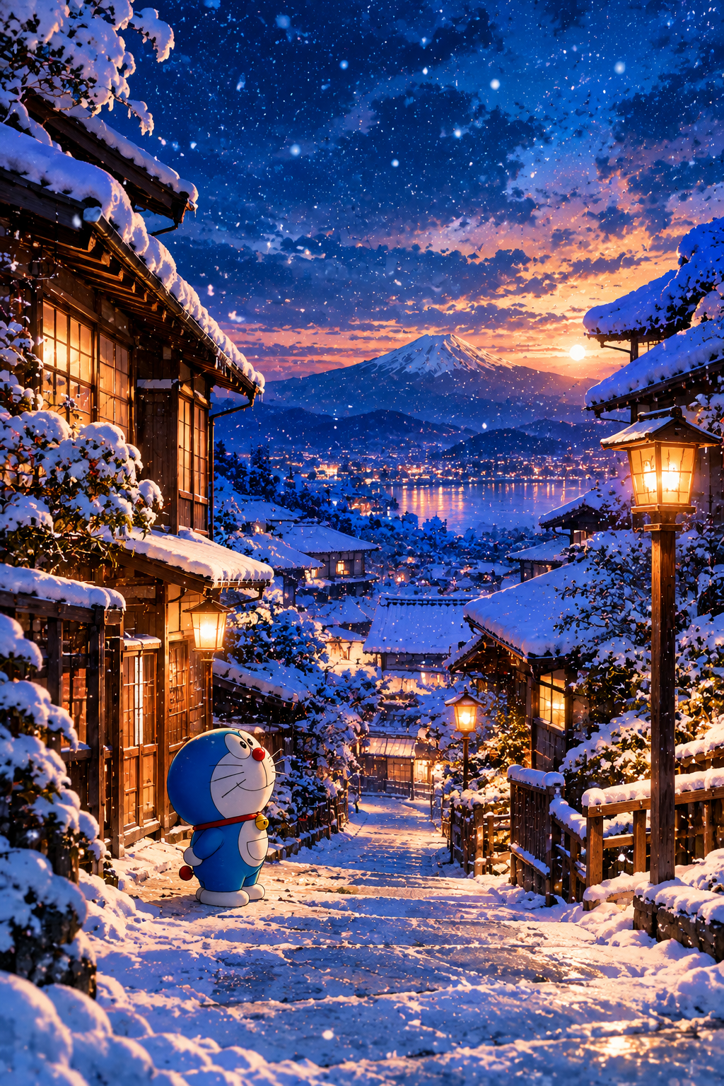 Doraemon in snowy traditional Japanese village winter wallpaper