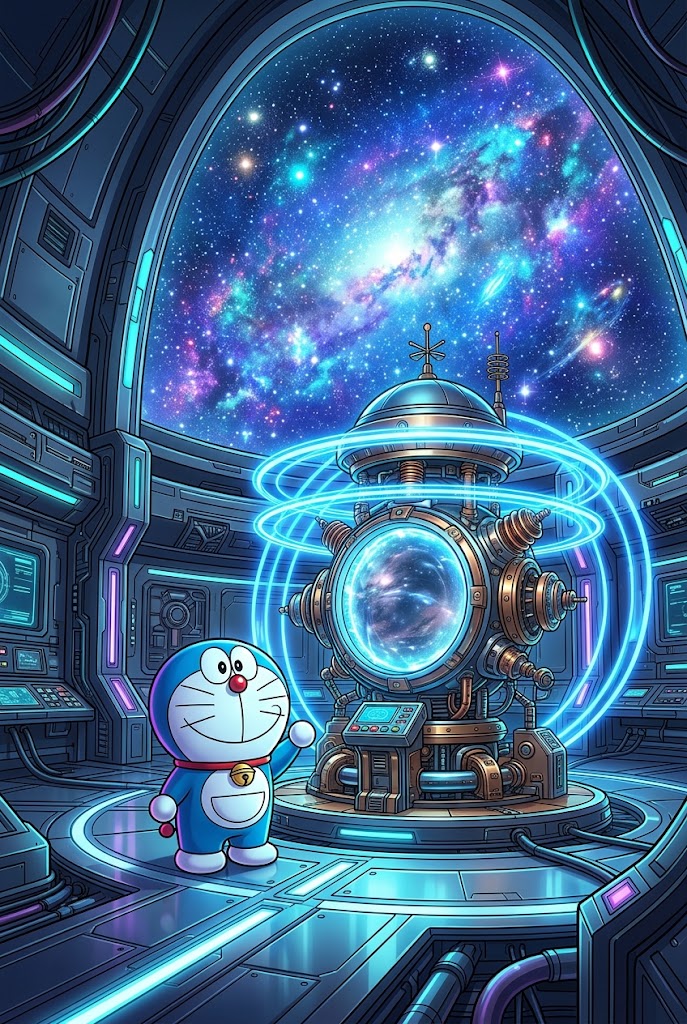 Doraemon time machine traveling through colorful cosmic galaxy anime wallpaper