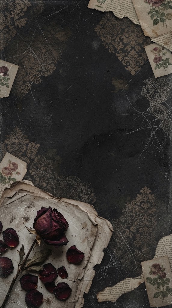 Grunge wallpaper dark academia vintage rose on distressed parchment