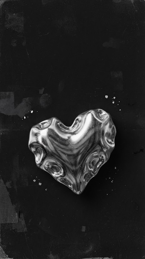 Grunge wallpaper metallic silver chrome heart on black background