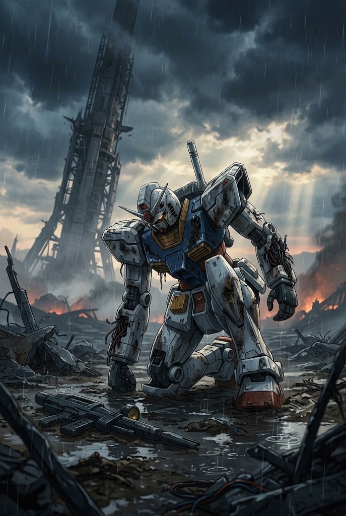 Damaged Gundam battlefield defeat emotional anime wallpaper