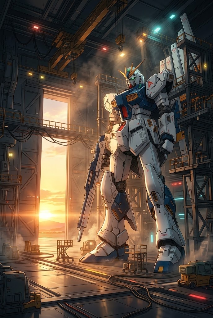 Gundam hangar sunrise mecha aesthetic wallpaper