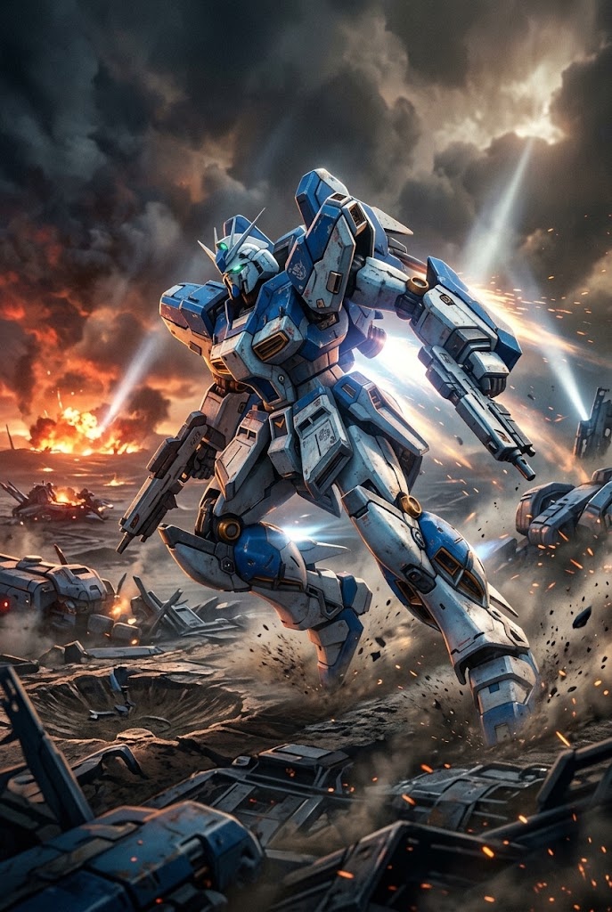 Gundam mecha battlefield action anime wallpaper with glowing beam rifle
