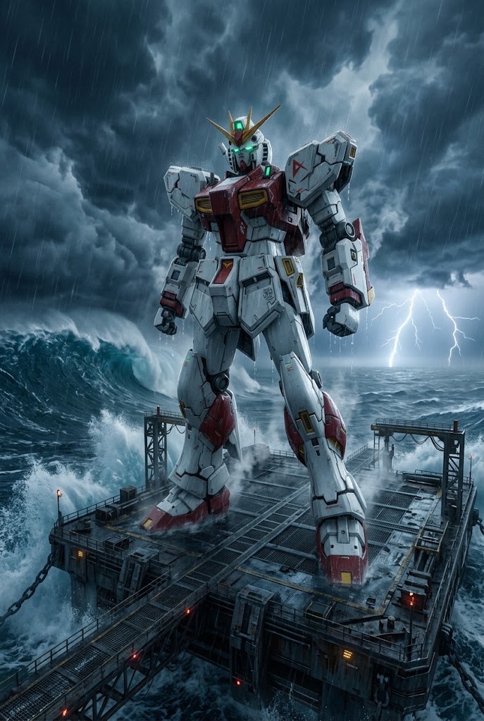 Gundam ocean platform storm mecha aesthetic wallpaper