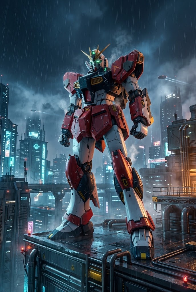 Red Gundam mecha cyberpunk city rain wallpaper
