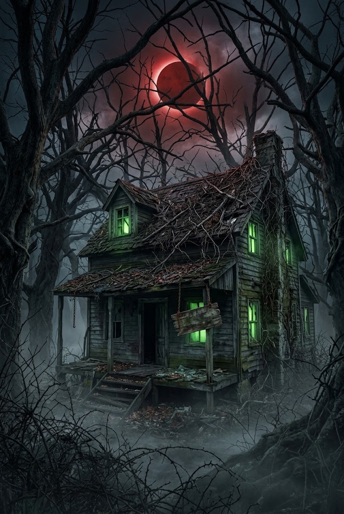 Abandoned cabin black forest eclipse Halloween horror wallpaper