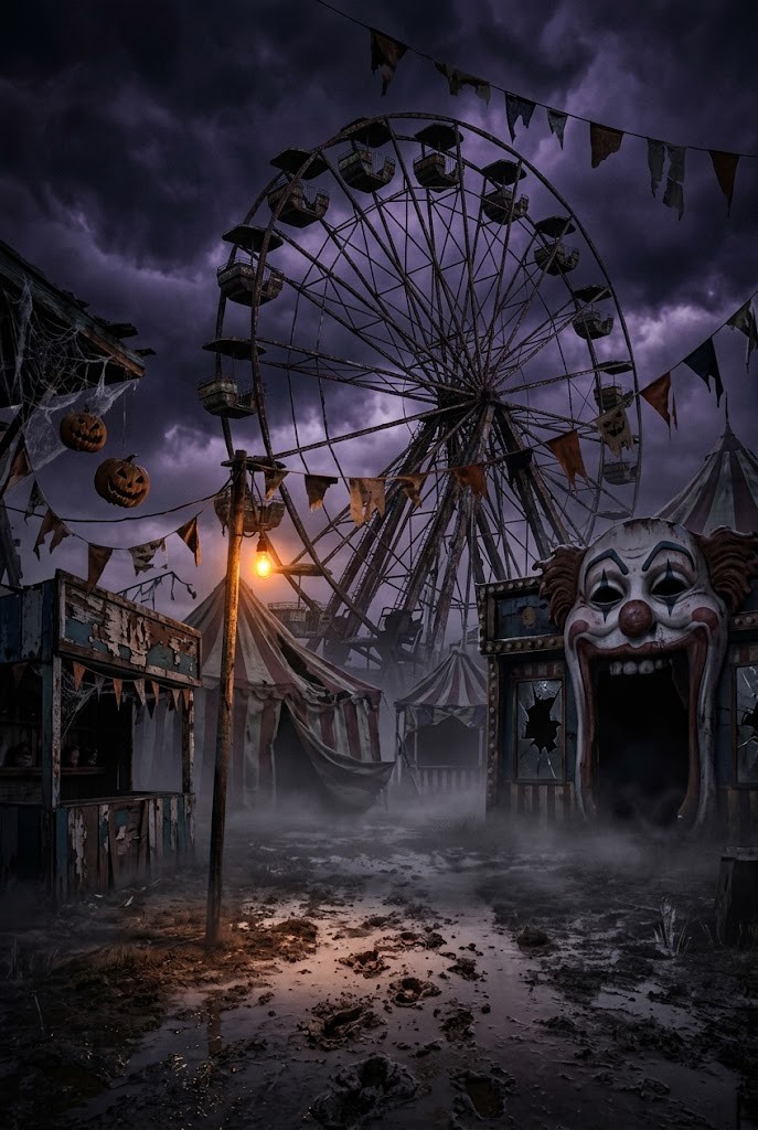 Abandoned carnival Ferris wheel Halloween horror wallpaper in fog