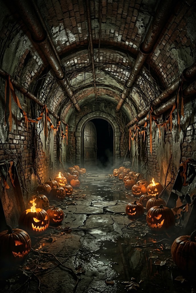 Abandoned underground tunnel Halloween pumpkins horror wallpaper