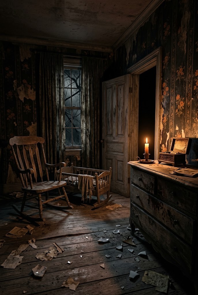 Abandoned Victorian nursery creepy rocking chair Halloween wallpaper