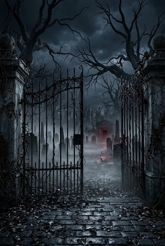 Ancient cemetery entrance gothic Halloween horror wallpaper with fog