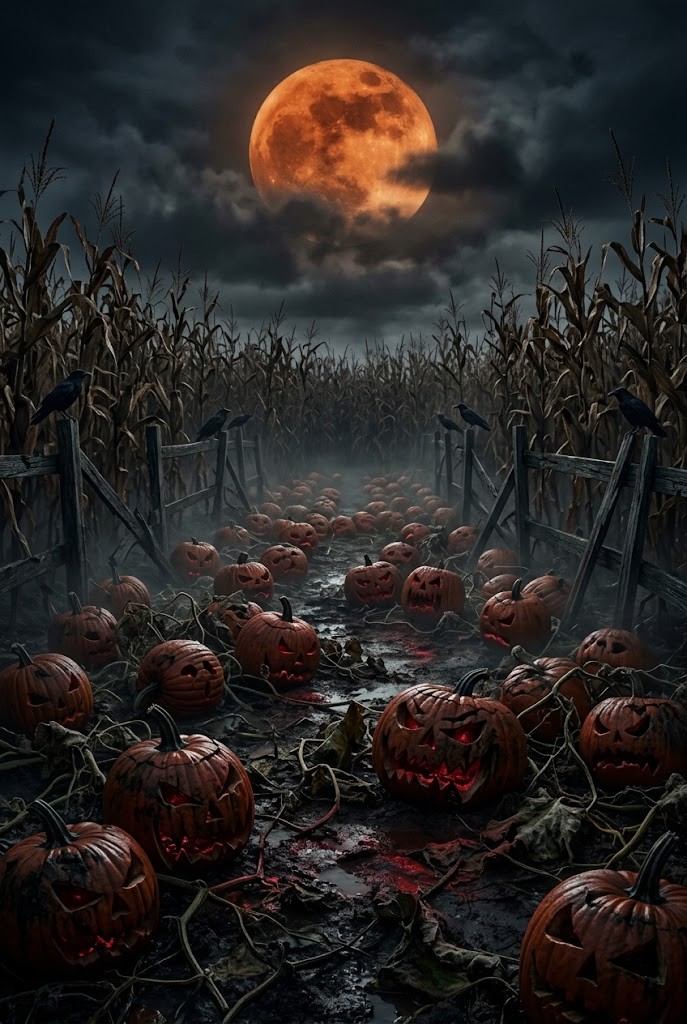 Rotting pumpkin patch corn maze Halloween horror wallpaper