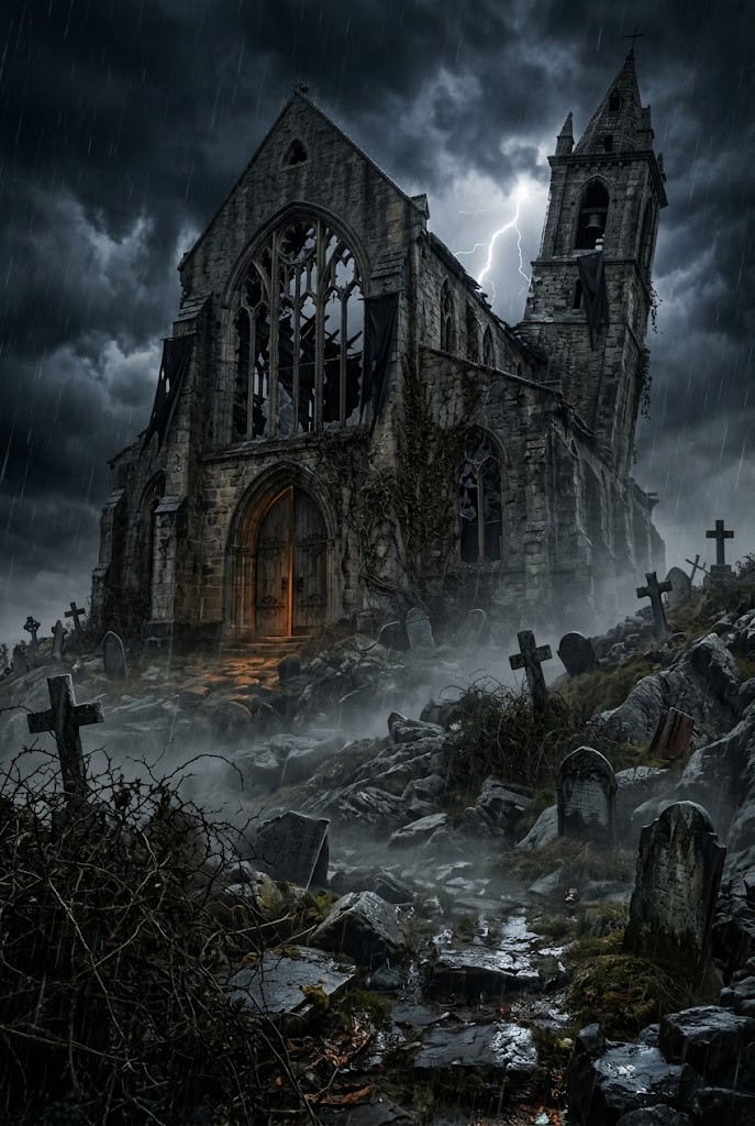Ruined gothic church graveyard midnight storm Halloween wallpaper