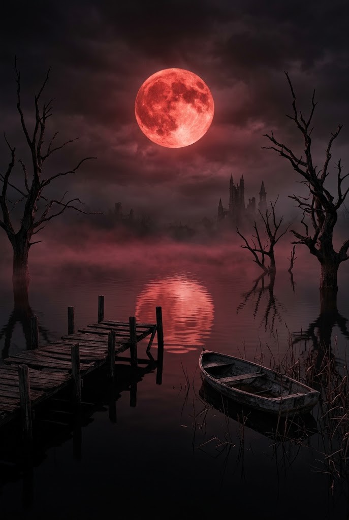 Still black lake blood red moon Halloween horror wallpaper