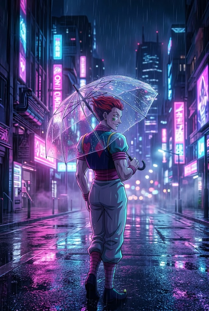 Hisoka cyberpunk rainy night umbrella anime wallpaper
