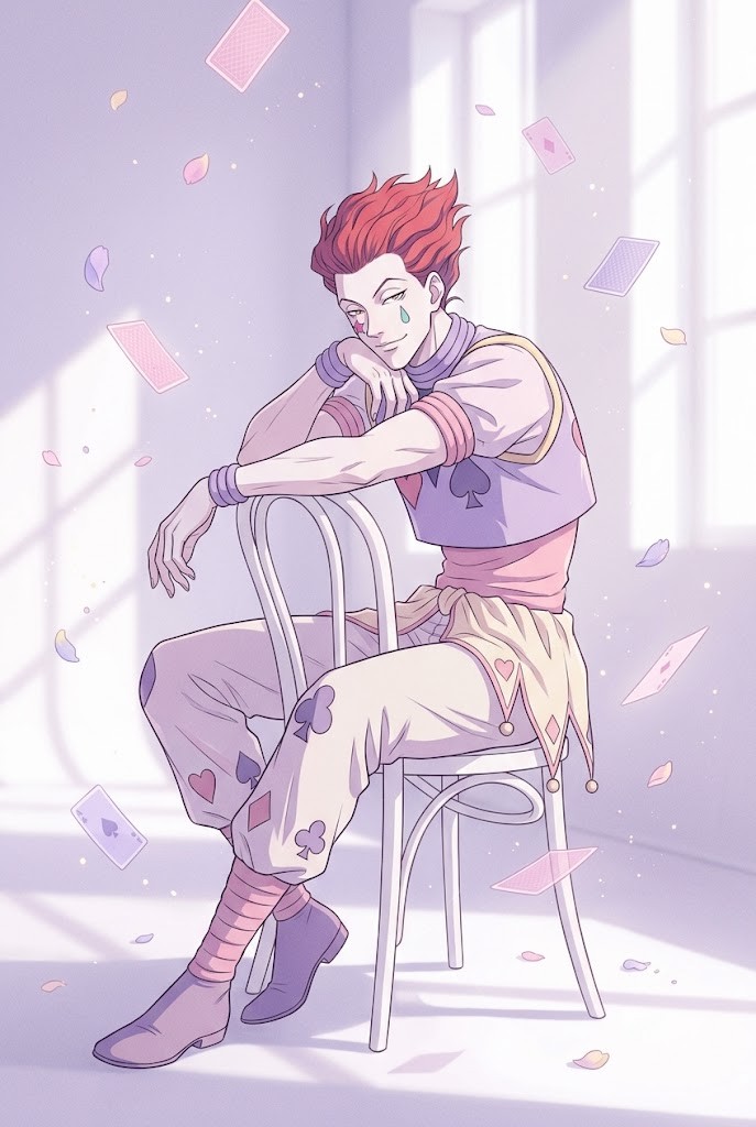 Hisoka Morow pastel aesthetic anime wallpaper with soft lavender tones