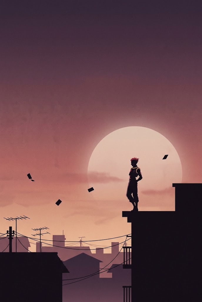 Hisoka rooftop sunset silhouette wallpaper with city view