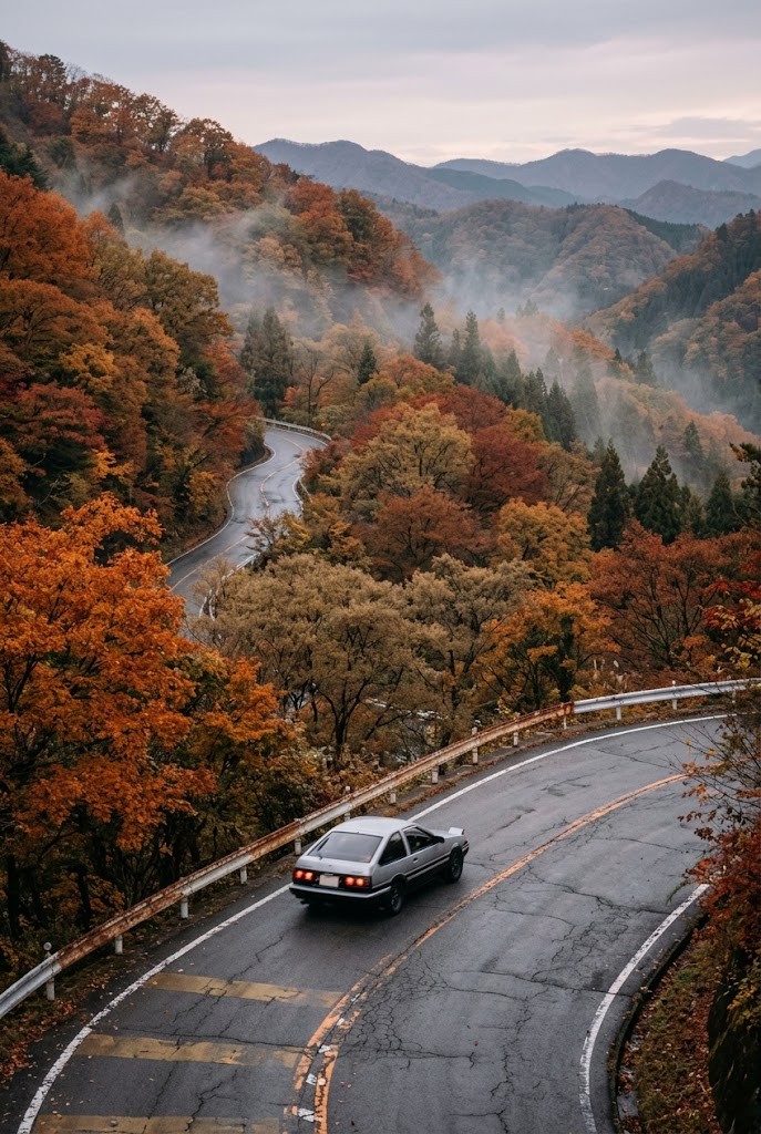 Initial D autumn mountain pass car wallpaper with maple leaves
