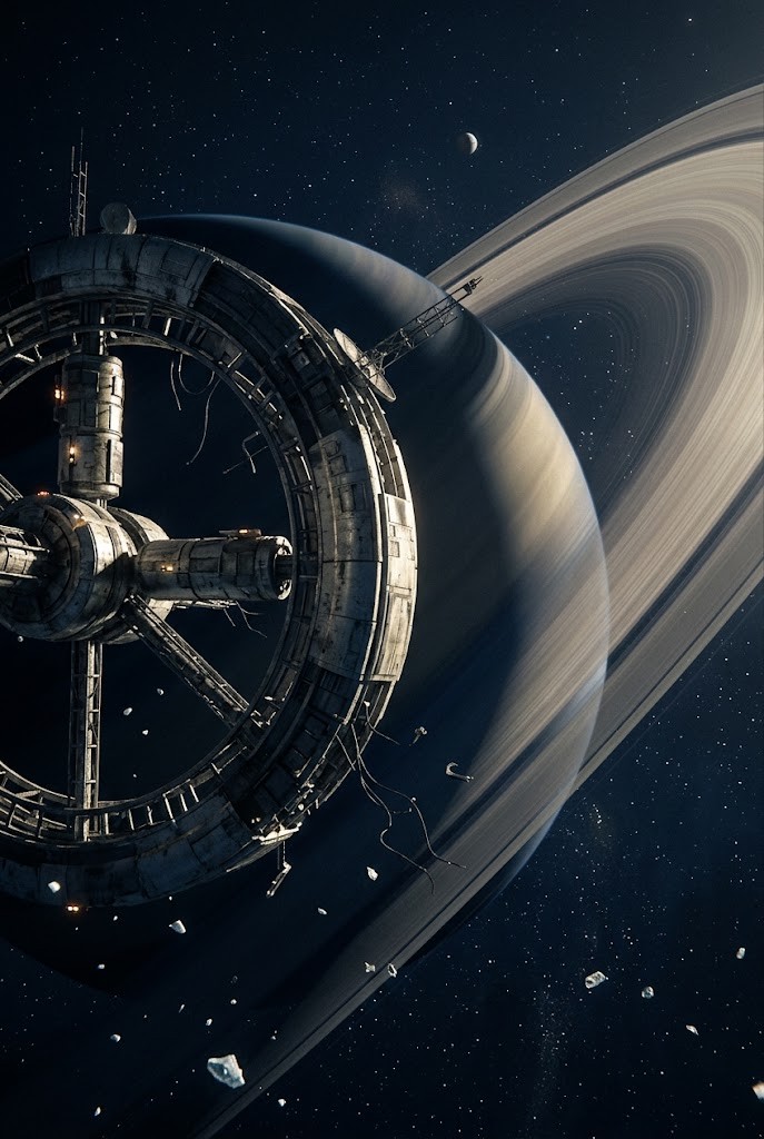 Orbital research station near Saturn interstellar 4k vertical space wallpaper