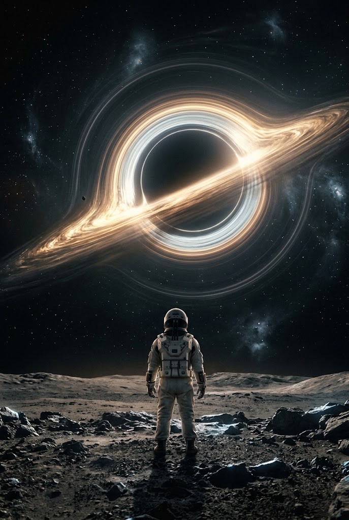Astronaut standing on alien planet shore facing Gargantua black hole wallpaper