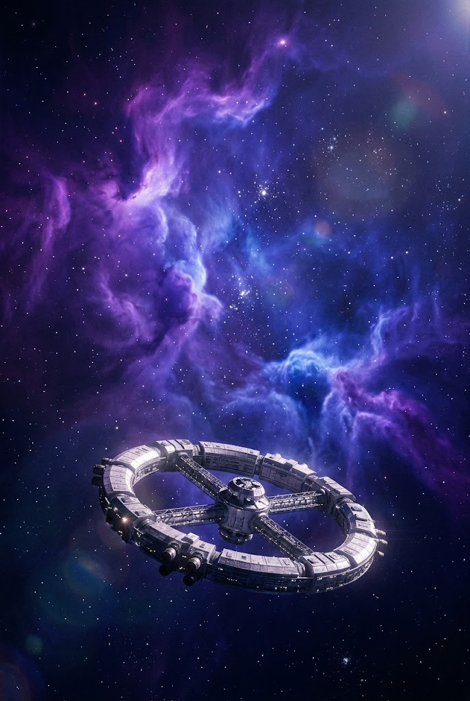 Endurance spacecraft passing through violet nebula space wallpaper aesthetic