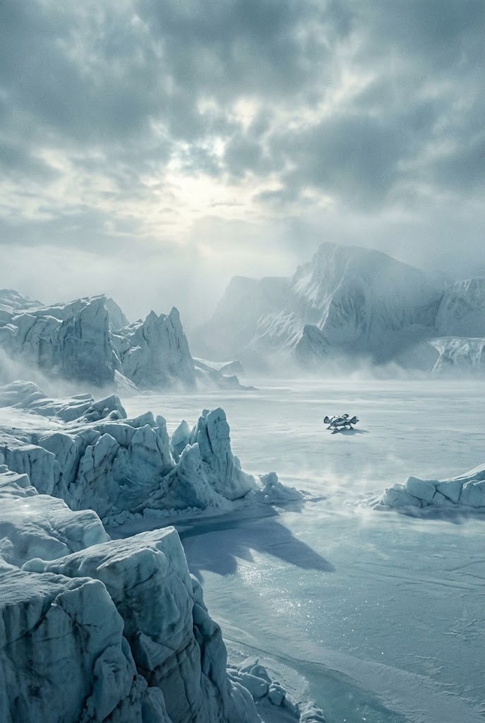 Interstellar frozen ice planet landscape sci-fi 4k wallpaper aesthetic