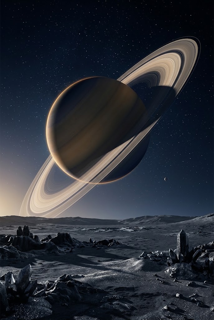 Saturn rising with rings over alien planetary horizon interstellar vertical wallpaper