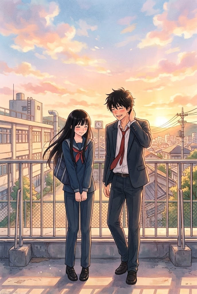 Kimi ni Todoke aesthetic anime couple sunset rooftop phone wallpaper