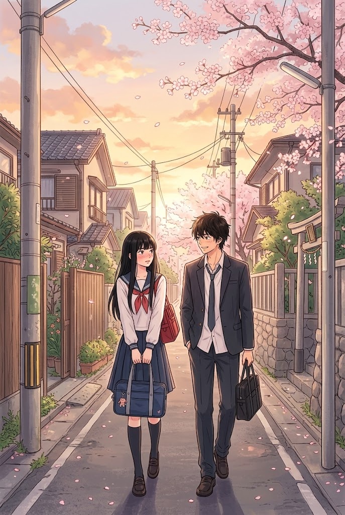Kimi ni Todoke aesthetic sunset street wallpaper with warm orange horizon