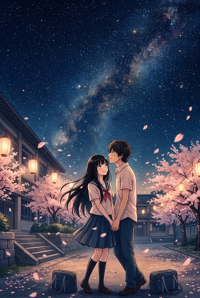 Kimi ni Todoke anime couple cherry blossom starry night wallpaper