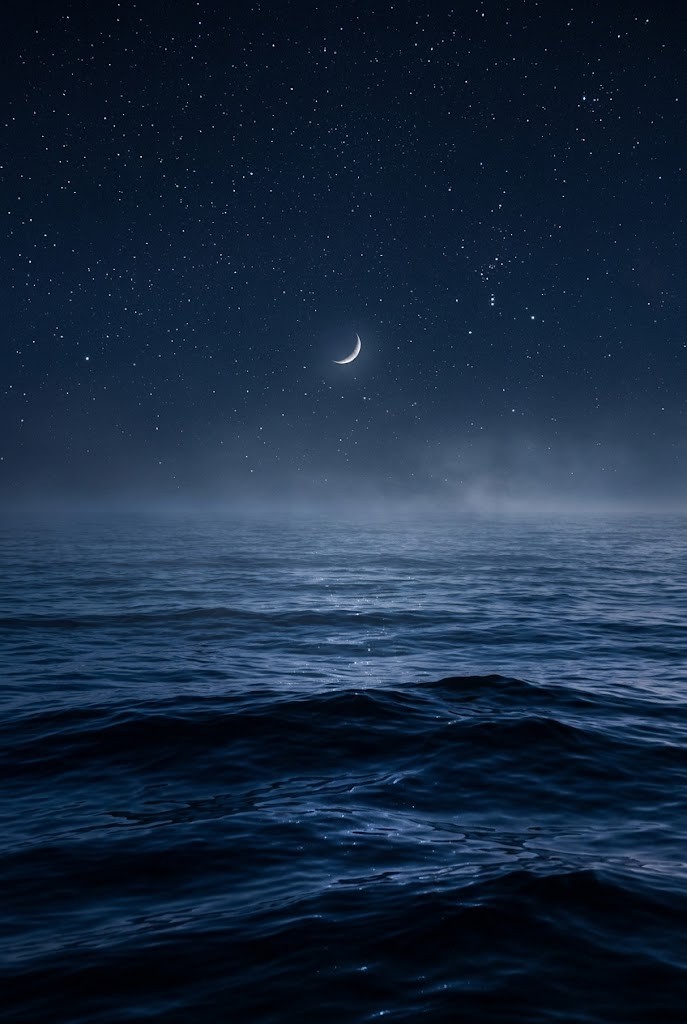 Dark cobalt night ocean starry sky crescent moon vertical wallpaper