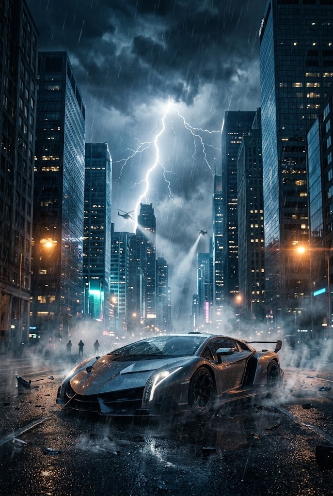 Cinematic action car thunderstorm city movie aesthetic wallpaper
