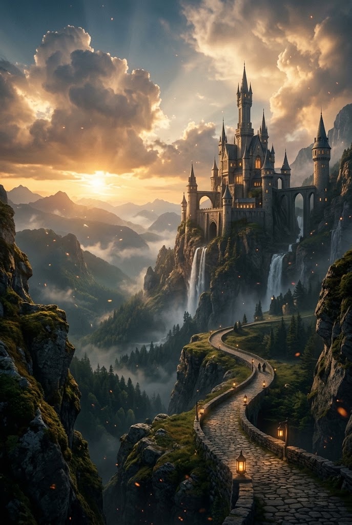 Cinematic fantasy castle mountain sunset movie aesthetic wallpaper