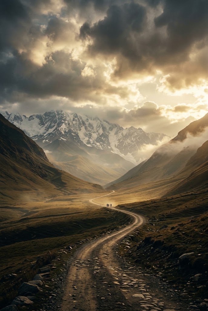 Cinematic mountain valley adventure road sunset movie wallpaper