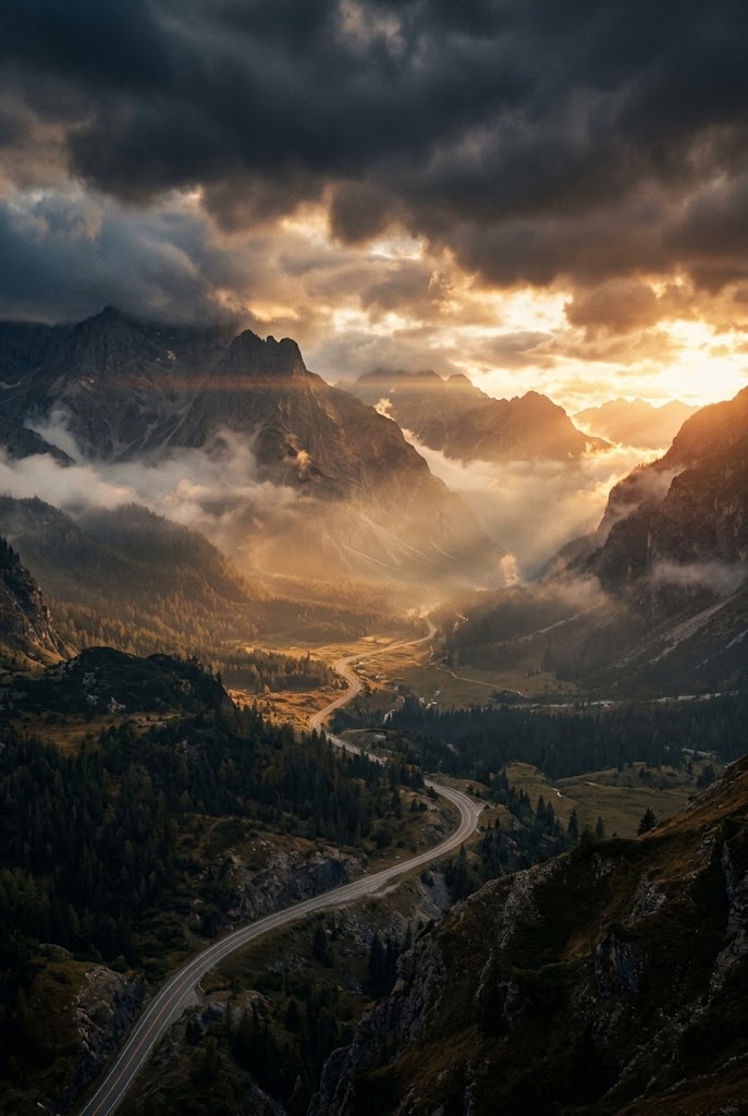 Cinematic mountain valley sunset road aesthetic movie wallpaper