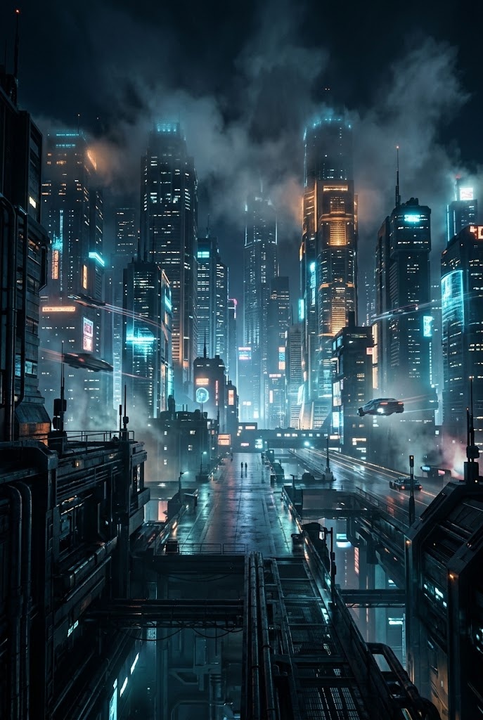 Cyberpunk sci-fi megacity night movie aesthetic wallpaper