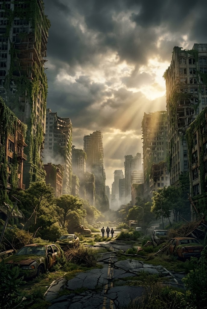 Post apocalyptic overgrown city dystopian movie aesthetic wallpaper